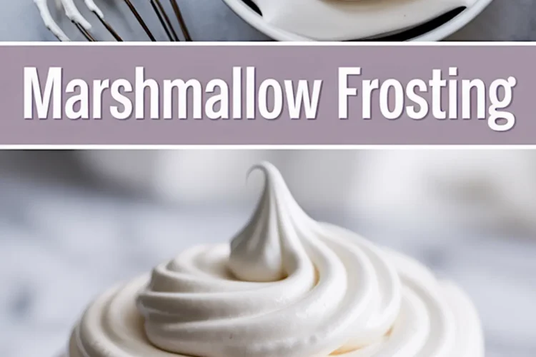Side-by-side collage of a bowl of marshmallow frosting with a swirled peak and a whisk in the top half, and a close-up of a vanilla cupcake topped with smooth, piped marshmallow frosting in the bottom half. Bold text in between reads “Marshmallow Frosting.”