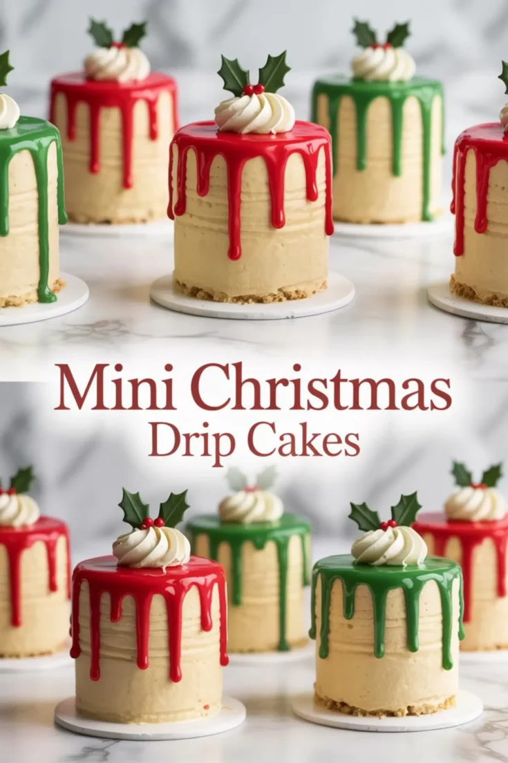 Collage image showing festive mini Christmas drip cakes decorated with red and green glossy ganache, whipped cream swirls, and fondant holly leaves. The cakes are displayed on white bases with the text “Mini Christmas Drip Cakes” in bold red lettering.