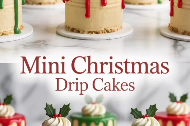 Collage image showing festive mini Christmas drip cakes decorated with red and green glossy ganache, whipped cream swirls, and fondant holly leaves. The cakes are displayed on white bases with the text “Mini Christmas Drip Cakes” in bold red lettering.