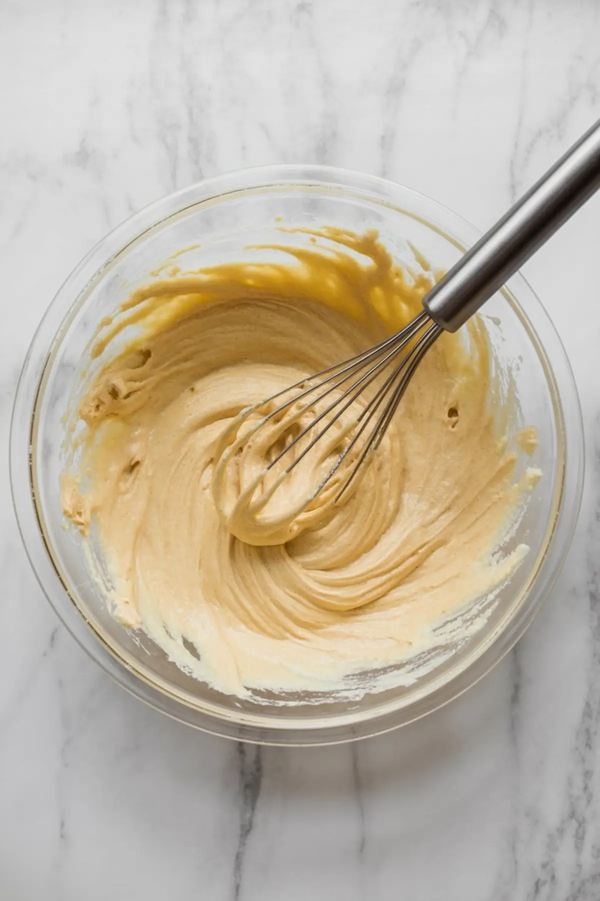 A glass mixing bowl filled with smooth vanilla cake batter being whisked with a stainless steel balloon whisk on a marble countertop.
