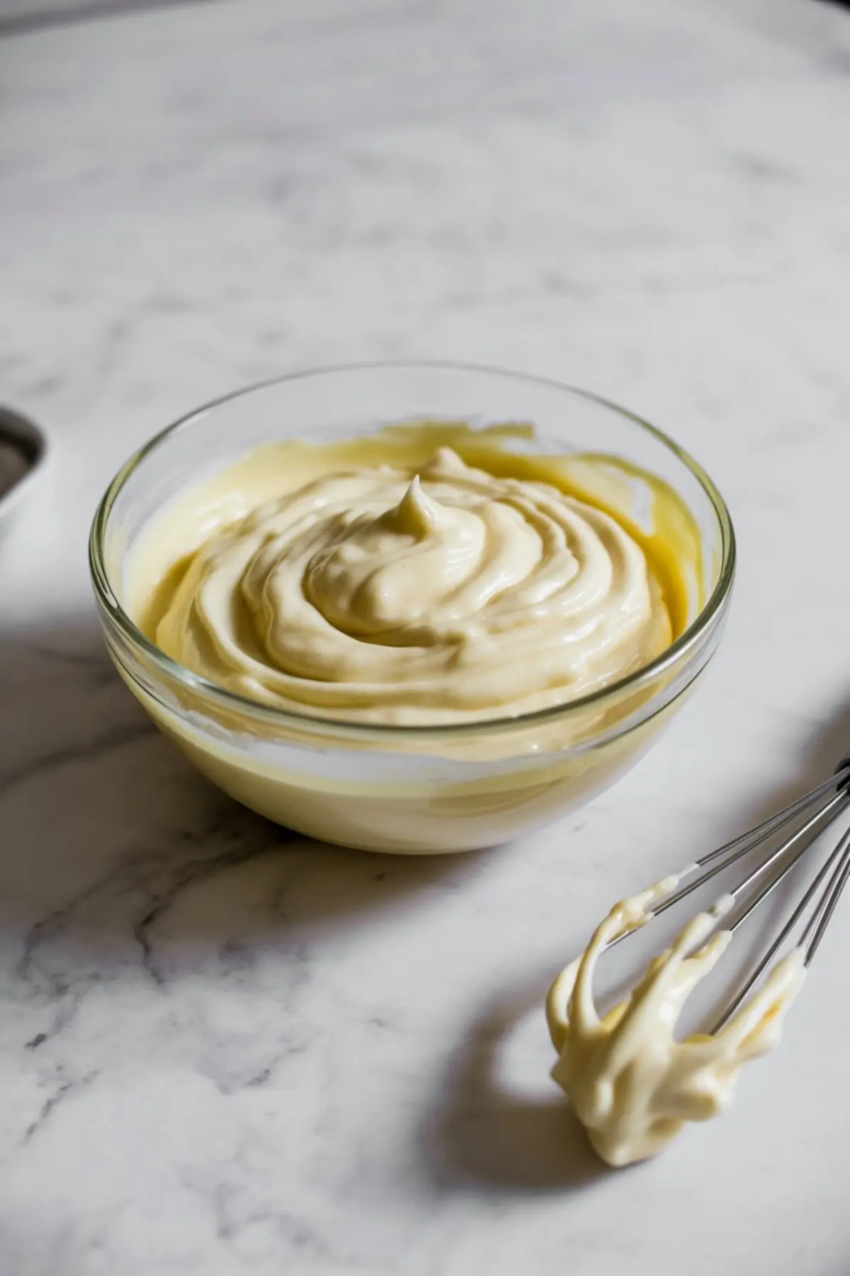 A glass bowl filled with thick pastry cream or custard-style frosting, topped with a peak, next to a whisk coated in the same mixture on a marble surface.
