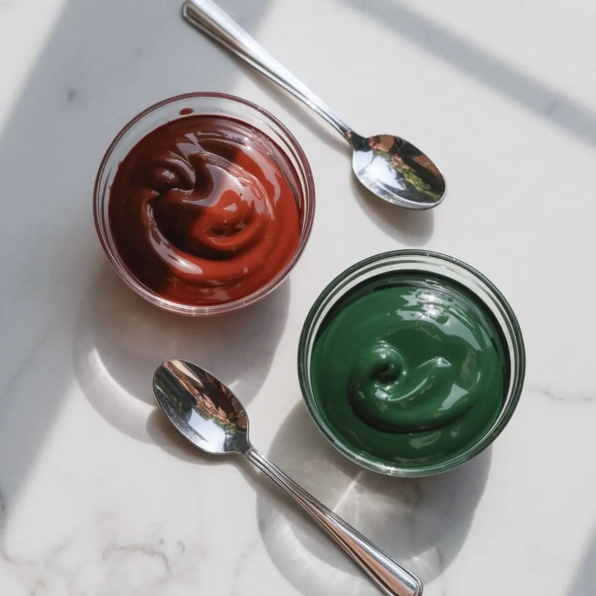 Two small glass bowls filled with red and green colored ganache, each paired with a silver spoon, displayed on a white marble surface under soft natural light.
