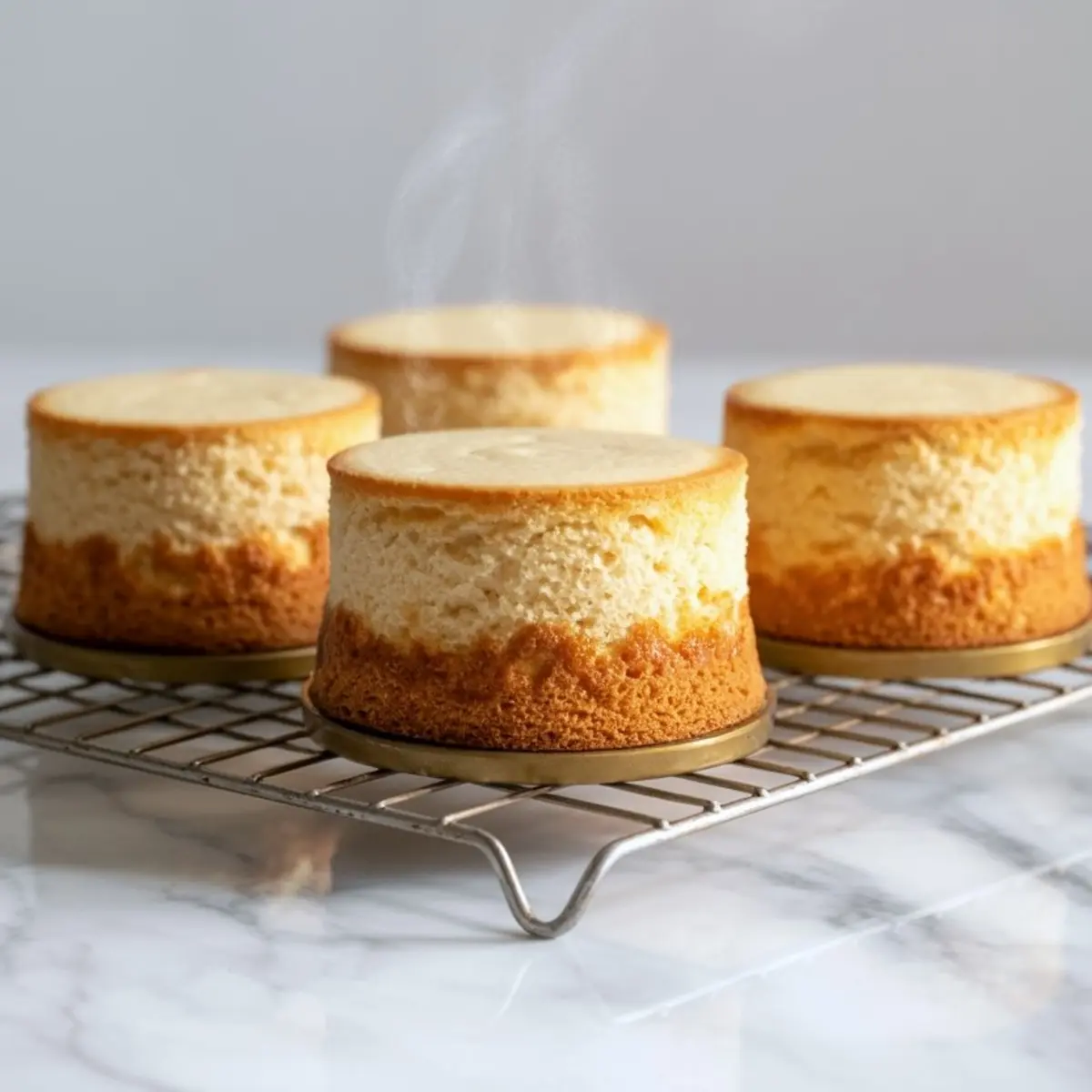 Four freshly baked vanilla sponge cake rounds cooling on a metal rack, showing golden brown edges and steamy tops on a marble counter.
