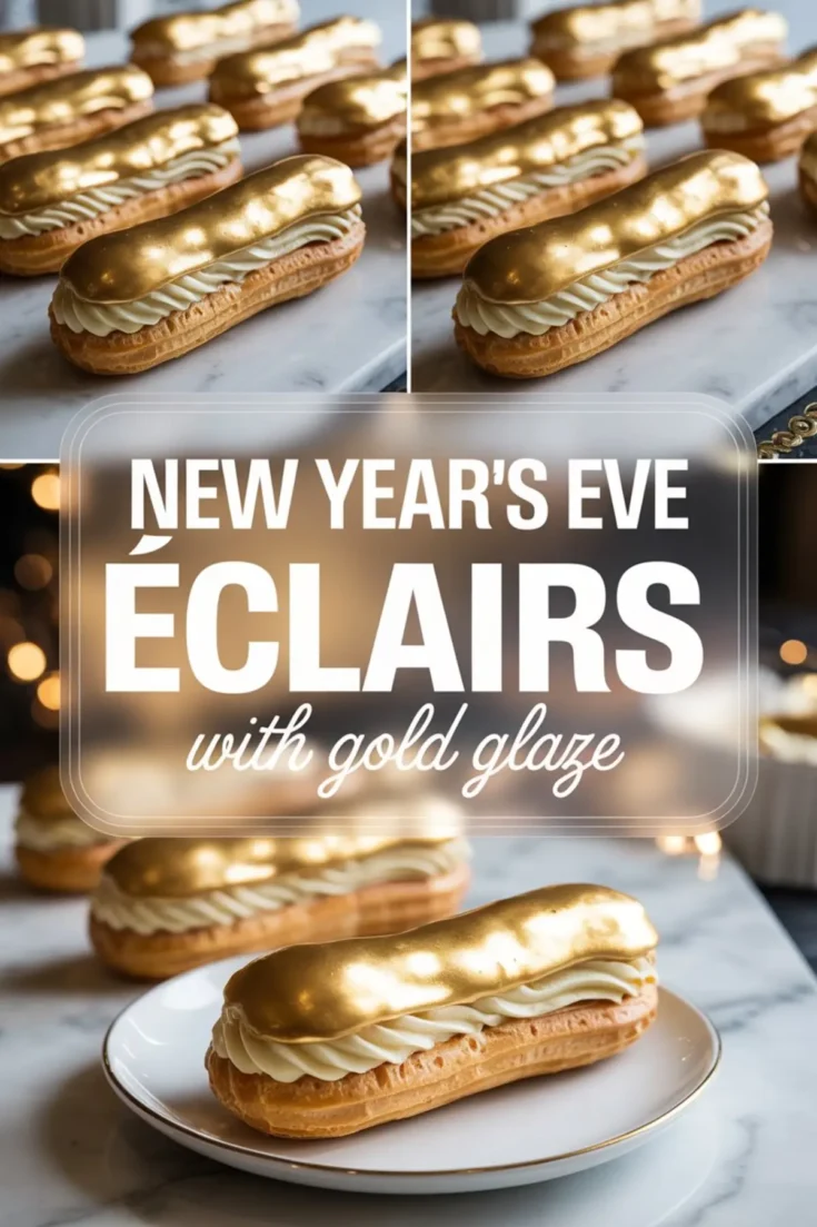 New Year’s Eve éclairs topped with shiny edible gold glaze, piped with vanilla cream filling, displayed on a marble board with a center text overlay promoting “New Year’s Eve Éclairs with Gold Glaze” for an elegant holiday dessert idea.