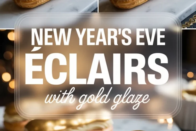 New Year’s Eve éclairs topped with shiny edible gold glaze, piped with vanilla cream filling, displayed on a marble board with a center text overlay promoting “New Year’s Eve Éclairs with Gold Glaze” for an elegant holiday dessert idea.