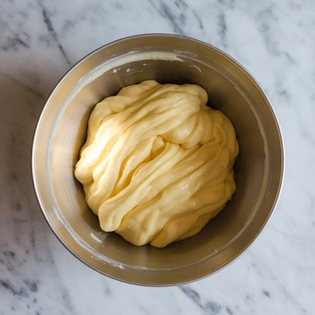 A stainless steel bowl filled with smooth pâte à choux dough for éclairs, resting on a marble countertop, showing the early stage of French pastry preparation.
