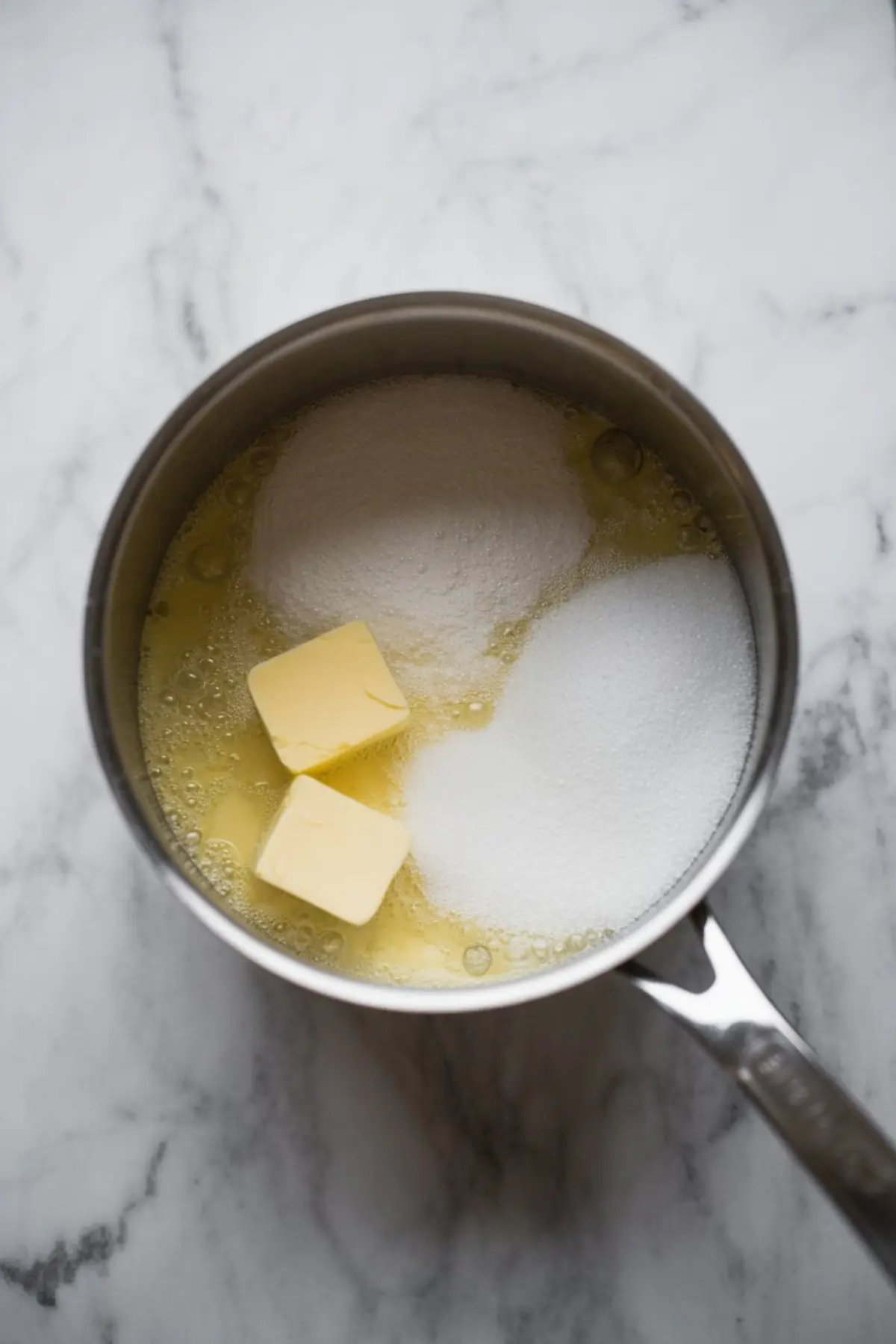 A saucepan containing butter, sugar, and water in the process of melting together, forming the liquid base for making pâte à choux dough used in baking éclairs.
