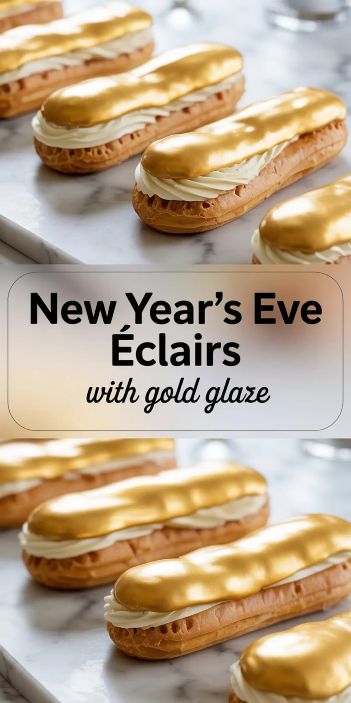 Golden-glazed éclairs arranged on a marble surface with piped vanilla cream, paired with an overlay text “New Year’s Eve Éclairs with Gold Glaze” showcasing a luxurious dessert for holiday parties.
