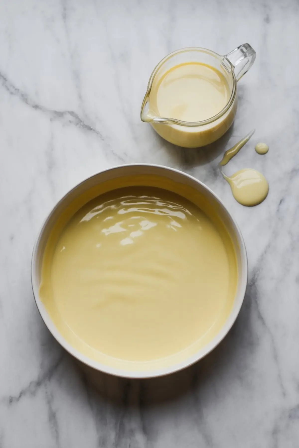 A large bowl and measuring jug filled with glossy pale yellow glaze or custard, slightly spilled on the marble surface, prepared for coating éclairs with a rich topping.

