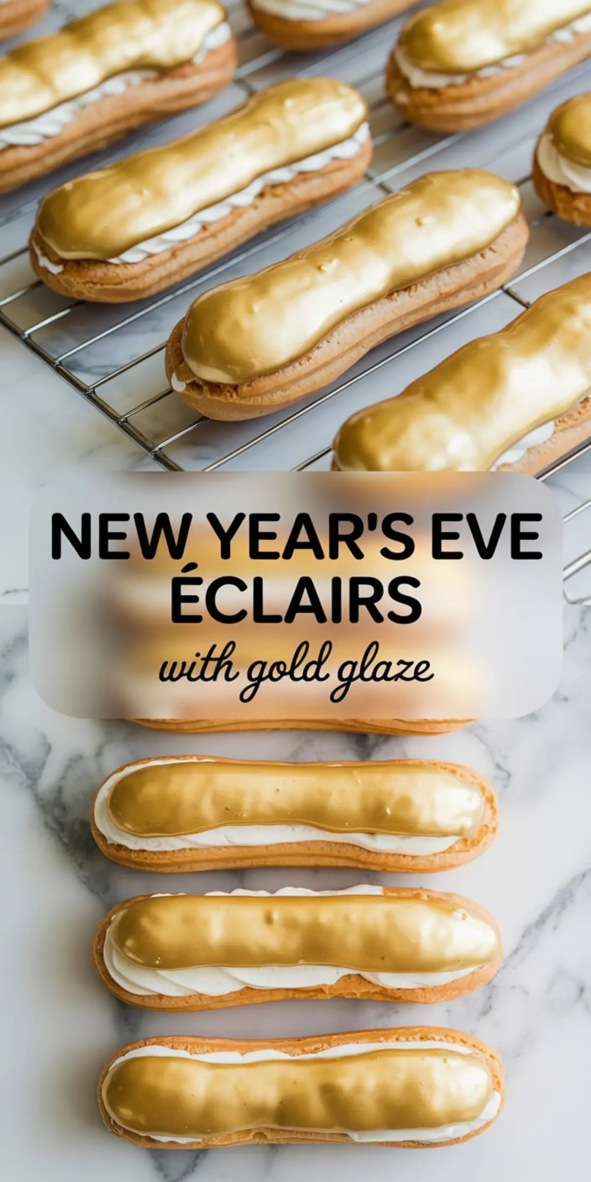 Golden-glazed éclairs arranged on a marble surface with piped vanilla cream, paired with an overlay text “New Year’s Eve Éclairs with Gold Glaze” showcasing a luxurious dessert for holiday parties.
