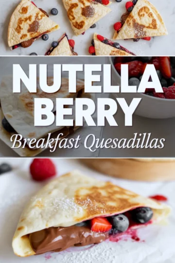 Triple-panel collage showcasing Nutella berry breakfast quesadillas filled with strawberries and blueberries, featuring a melty chocolate center, toasted tortilla exterior, and dusting of powdered sugar, framed with bold text.