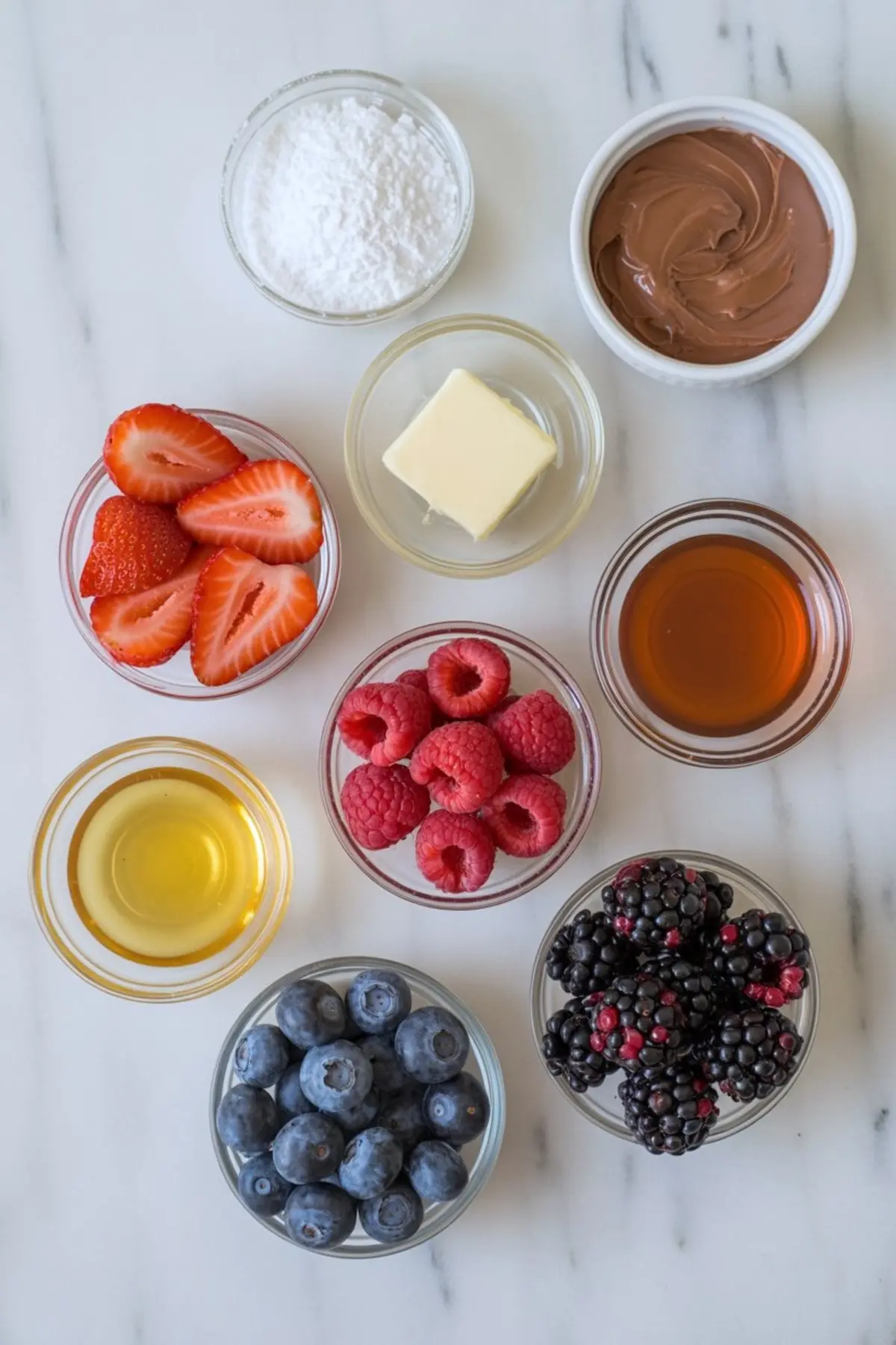 Flat lay of ingredients in small glass bowls, including halved strawberries, raspberries, blueberries, blackberries, powdered sugar, butter, Nutella, maple syrup, and honey on a white marble countertop.