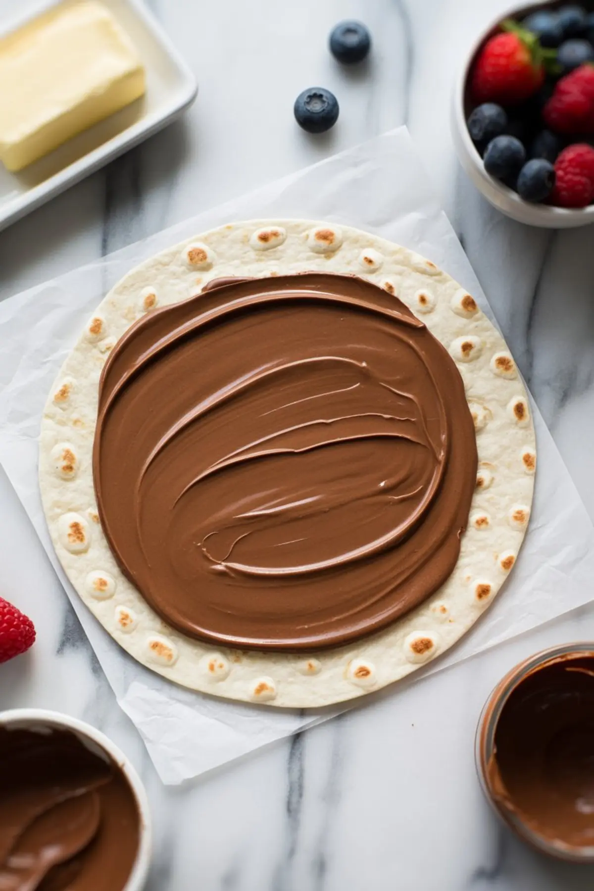A round flour tortilla spread with creamy Nutella sits on parchment paper, surrounded by fresh raspberries, blueberries, and a butter block on a marble surface.