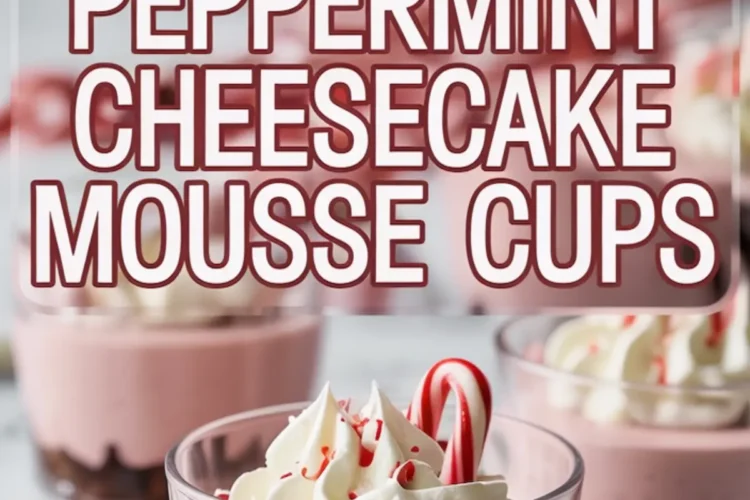 Peppermint cheesecake mousse cups with chocolate crust, whipped cream topping, and candy cane pieces, with text overlay “Peppermint Cheesecake Mousse Cups.”