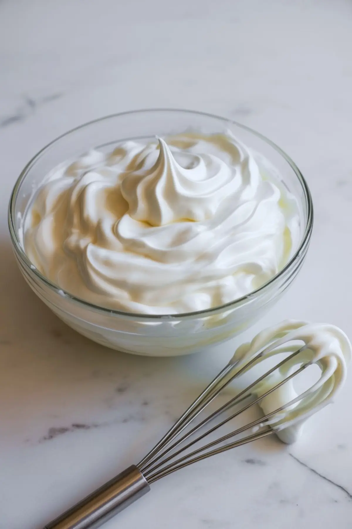 Bowl of freshly whipped cream with soft peaks beside a whisk on a marble countertop.