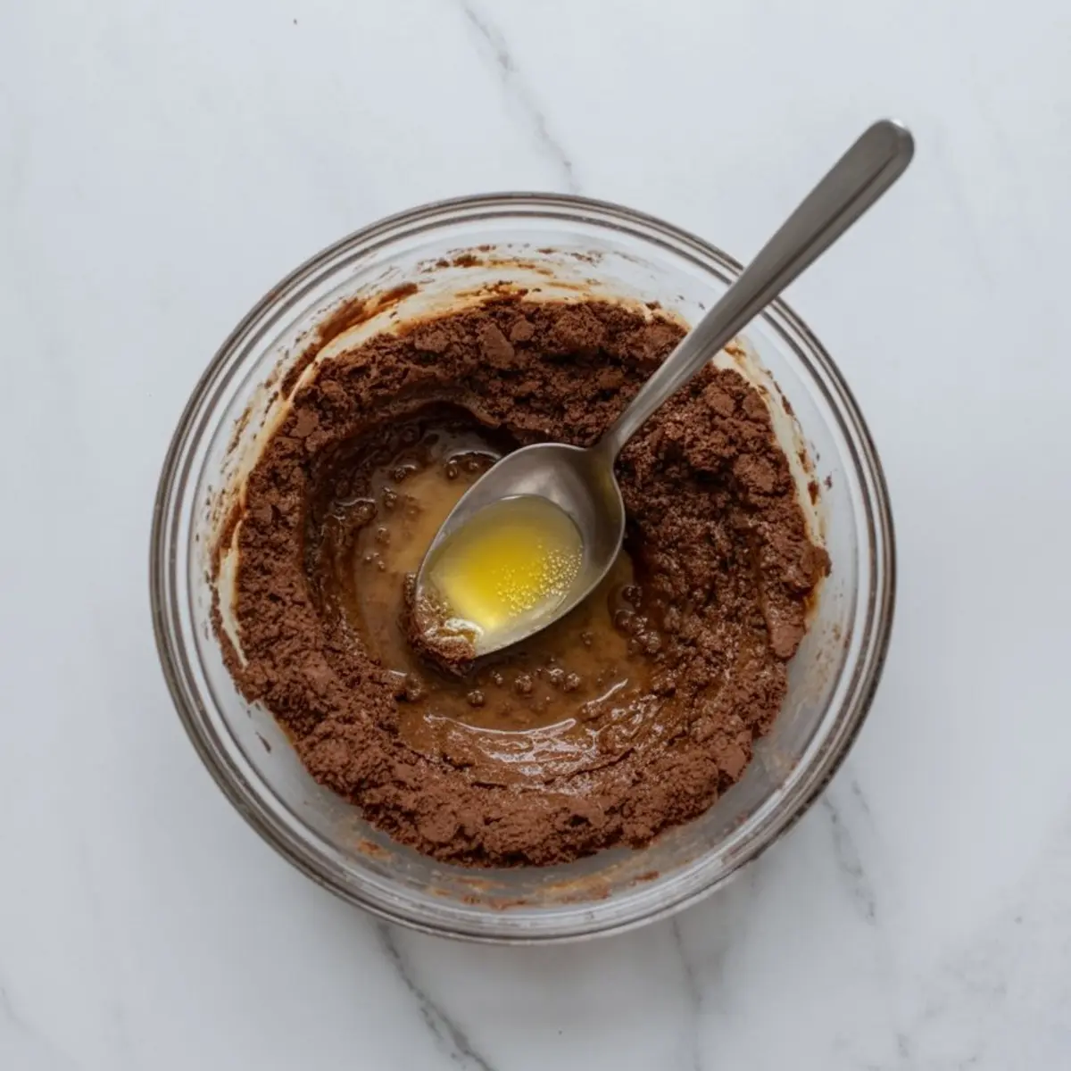 Mixing bowl with cocoa powder, melted butter, and sugar mixture for chocolate crust, with a spoon resting inside.