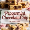 Neatly stacked peppermint chocolate chip blondies with visible chocolate pockets and festive peppermint chunks, paired with a lower shot of more blondies and a clean red script text overlay.