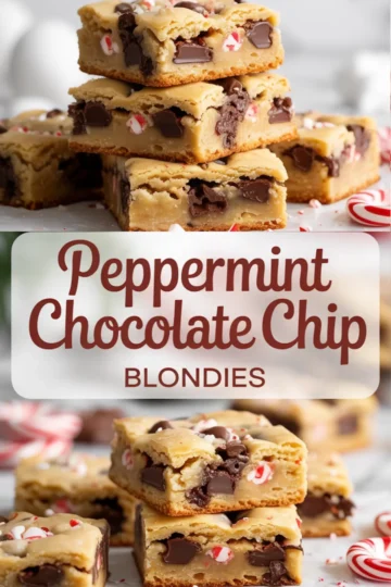 Neatly stacked peppermint chocolate chip blondies with visible chocolate pockets and festive peppermint chunks, paired with a lower shot of more blondies and a clean red script text overlay.