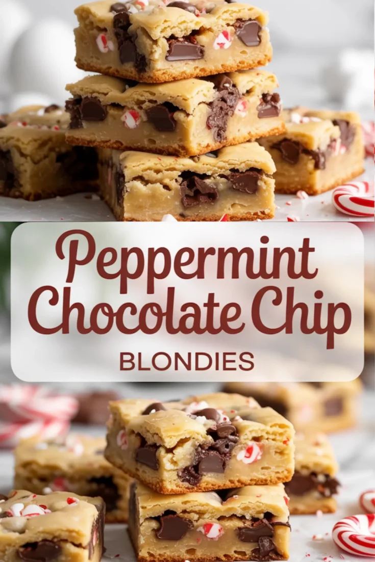 Neatly stacked peppermint chocolate chip blondies with visible chocolate pockets and festive peppermint chunks, paired with a lower shot of more blondies and a clean red script text overlay.