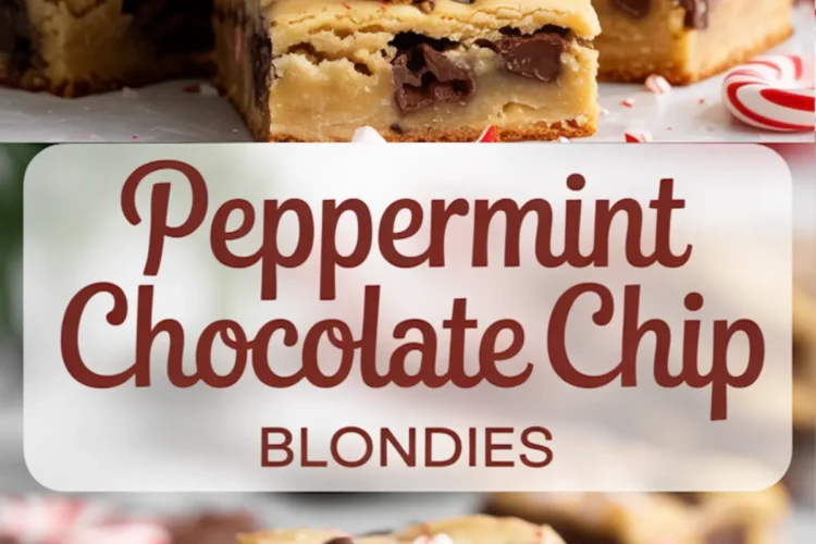 Neatly stacked peppermint chocolate chip blondies with visible chocolate pockets and festive peppermint chunks, paired with a lower shot of more blondies and a clean red script text overlay.