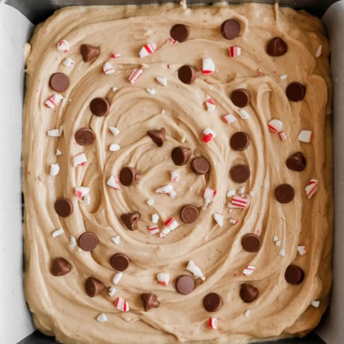 A square baking pan filled with smooth cookie dough swirled with chocolate chips and sprinkled peppermint pieces, ready to bake.