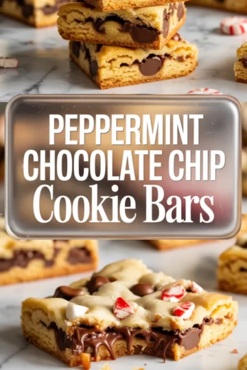 Collage image with close-up of peppermint chocolate chip cookie bars showing melted chocolate layers and candy cane bits, labeled “Peppermint Chocolate Chip Cookie Bars.”