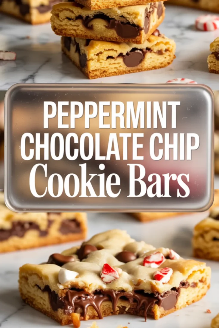 Collage image with close-up of peppermint chocolate chip cookie bars showing melted chocolate layers and candy cane bits, labeled “Peppermint Chocolate Chip Cookie Bars.”