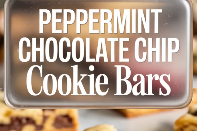 Collage image with close-up of peppermint chocolate chip cookie bars showing melted chocolate layers and candy cane bits, labeled “Peppermint Chocolate Chip Cookie Bars.”