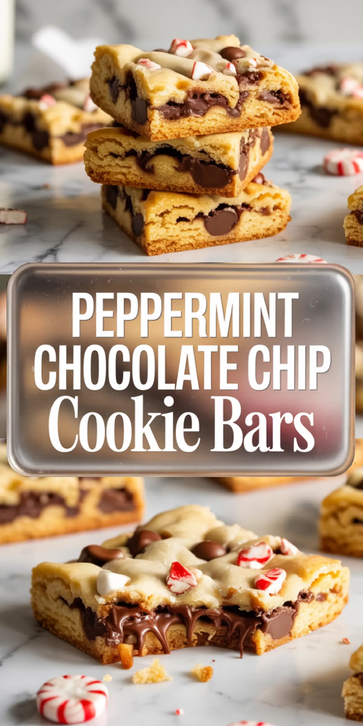 Stack of peppermint chocolate chip cookie bars with melted chocolate and candy cane pieces on top, placed on a marble surface with text overlay “Peppermint Chocolate Chip Cookie Bars.”