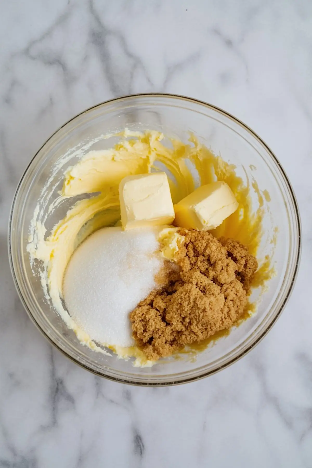 Glass bowl with creamed butter, white sugar, and brown sugar on a marble surface, ready for mixing cookie dough.