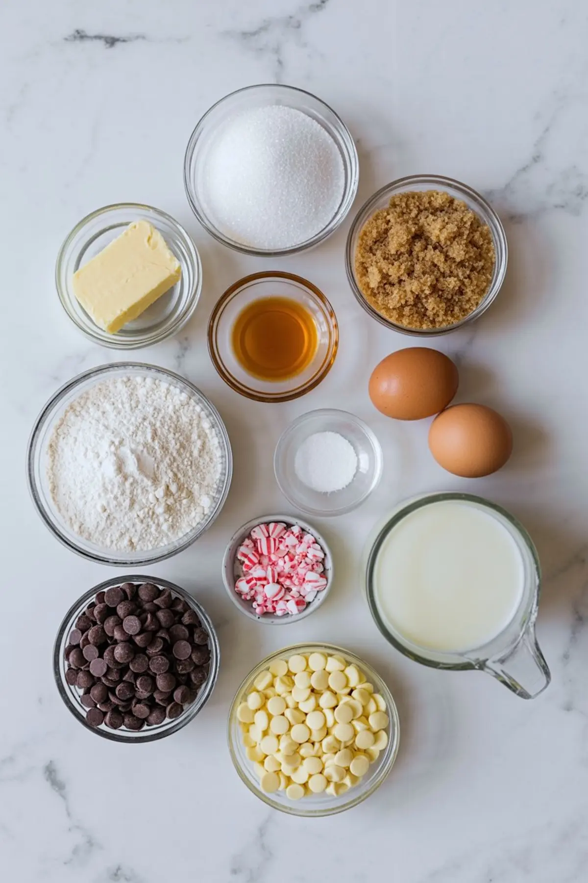 Overhead view of baking ingredients including butter, flour, white sugar, brown sugar, eggs, vanilla extract, milk, baking powder, chocolate chips, white chocolate chips, and crushed peppermint candy.