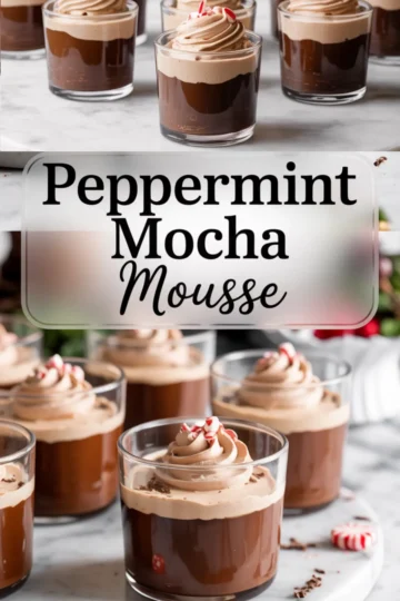 Glass cups filled with layered peppermint mocha mousse, topped with piped whipped topping and crushed peppermint, labeled with “Peppermint Mocha Mousse” in bold black text.