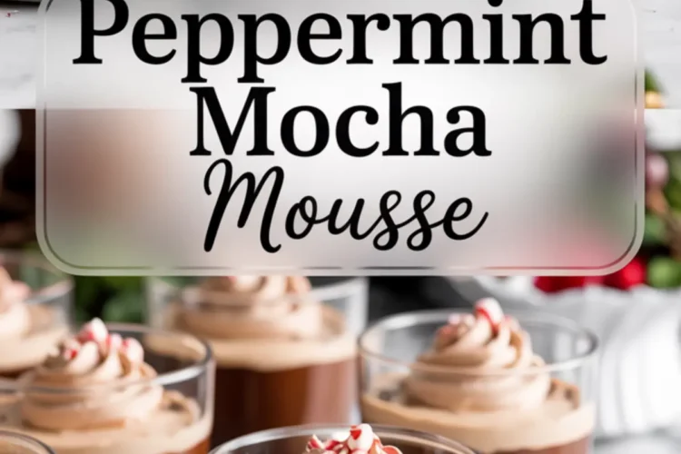 Glass cups filled with layered peppermint mocha mousse, topped with piped whipped topping and crushed peppermint, labeled with “Peppermint Mocha Mousse” in bold black text.