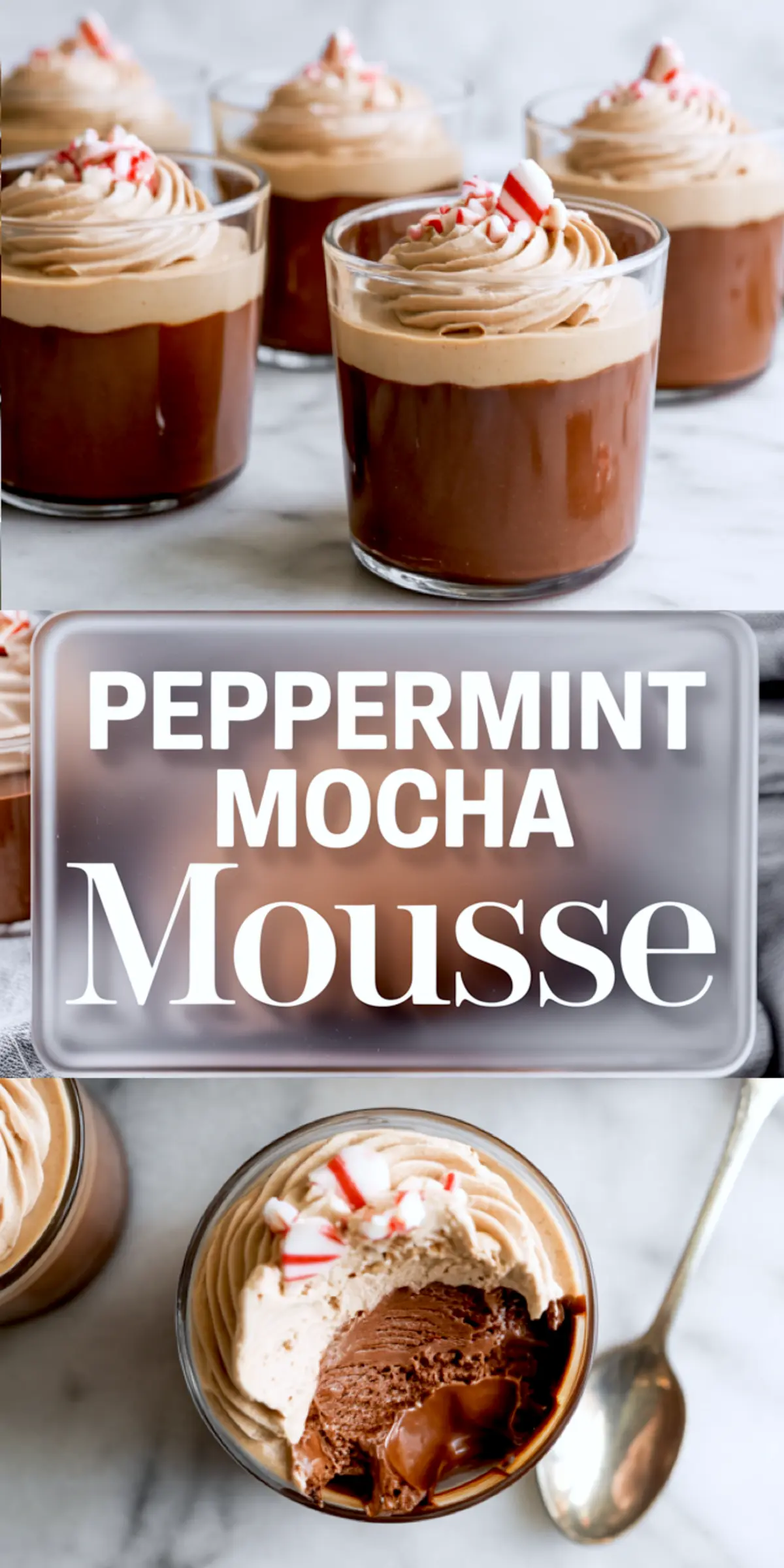 Top and side view of chocolate mousse in glass cups, topped with whipped mocha cream and peppermint bits, with the text “Peppermint Mocha Mousse” and a spoon in the foreground.
