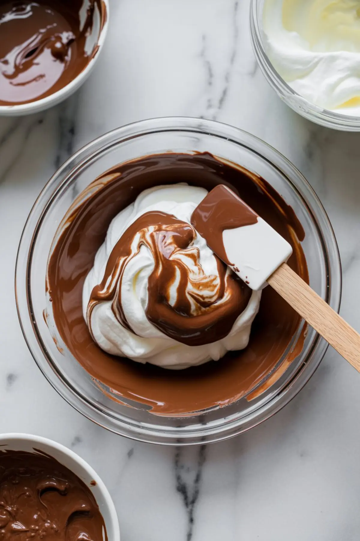 Melted chocolate swirled into whipped cream in a glass bowl with a spatula, on a marble surface, surrounded by bowls of chocolate and whipped cream.
