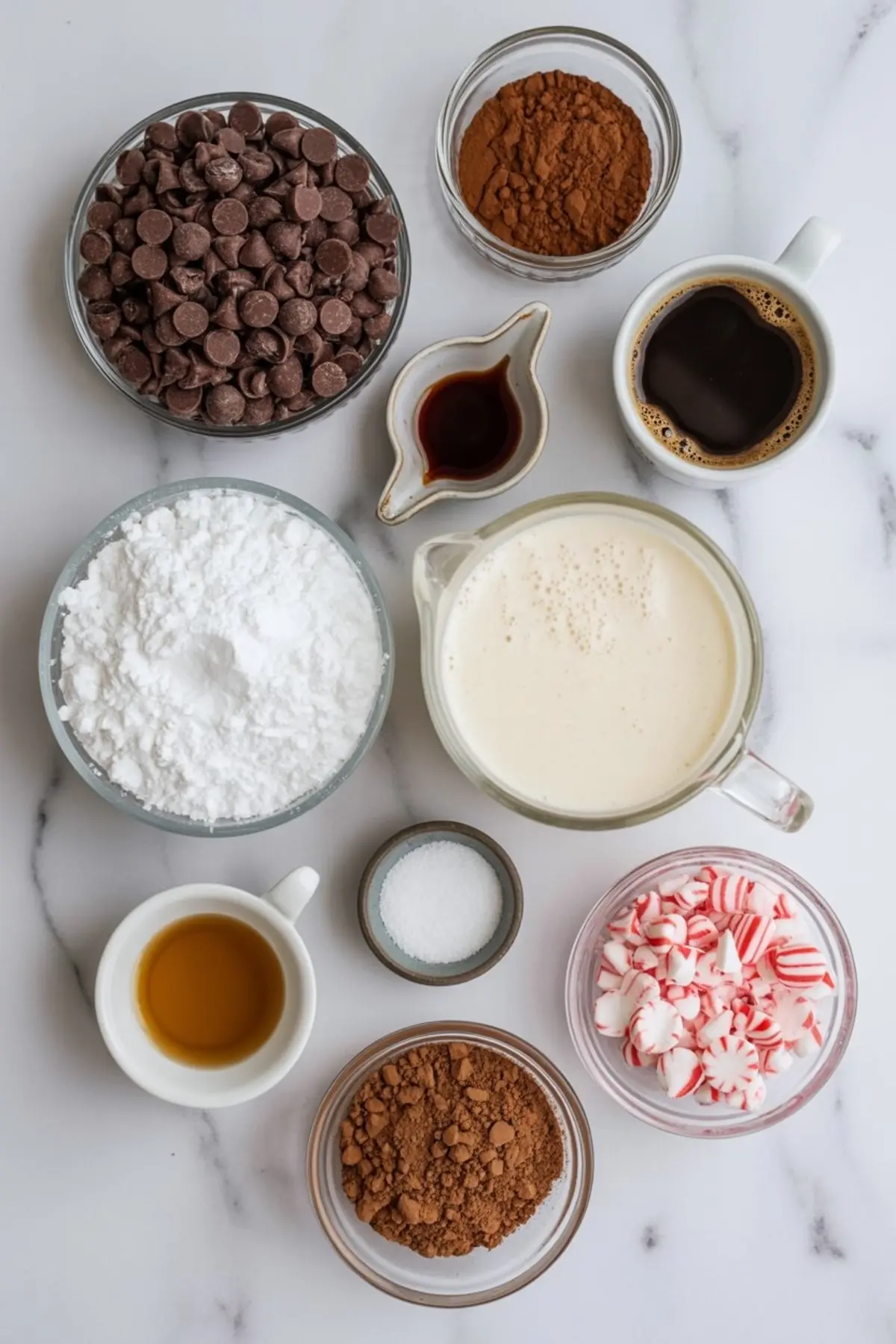 Flat lay of peppermint mocha mousse ingredients including chocolate chips, cocoa powder, cream, powdered sugar, coffee, peppermint candies, and vanilla on a marble background.
