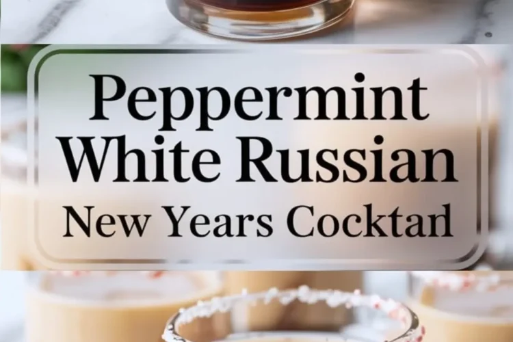 Collage image of creamy peppermint White Russian cocktails in clear glasses with peppermint-rimmed edges, featuring close-up festive presentation and bold text reading “Peppermint White Russian New Years Cocktail.”