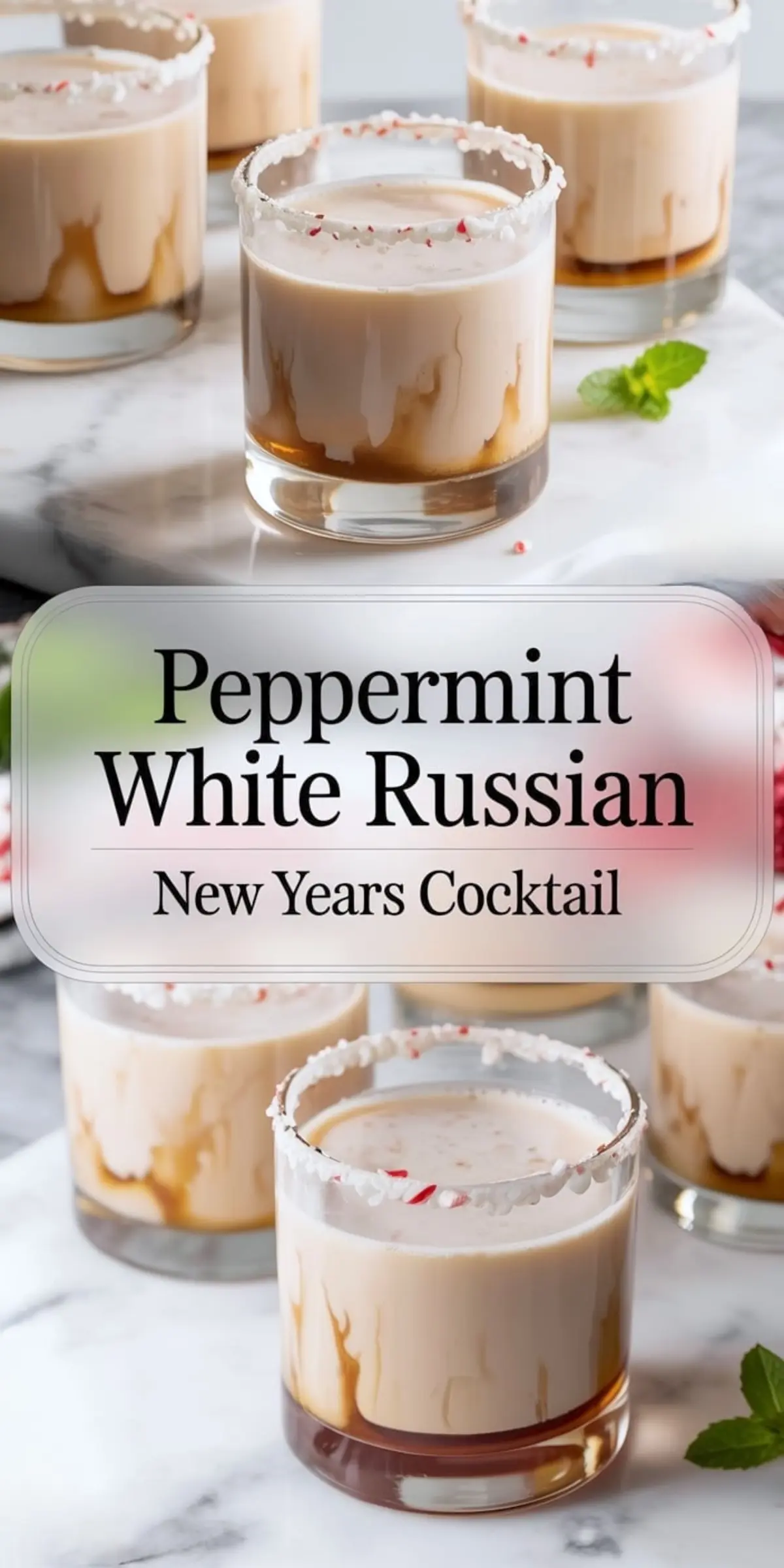 Tall vertical collage showcasing multiple peppermint White Russian cocktails with crushed candy cane rims on a marble surface, with decorative mint leaves and clear title text for New Year cocktail inspiration.
