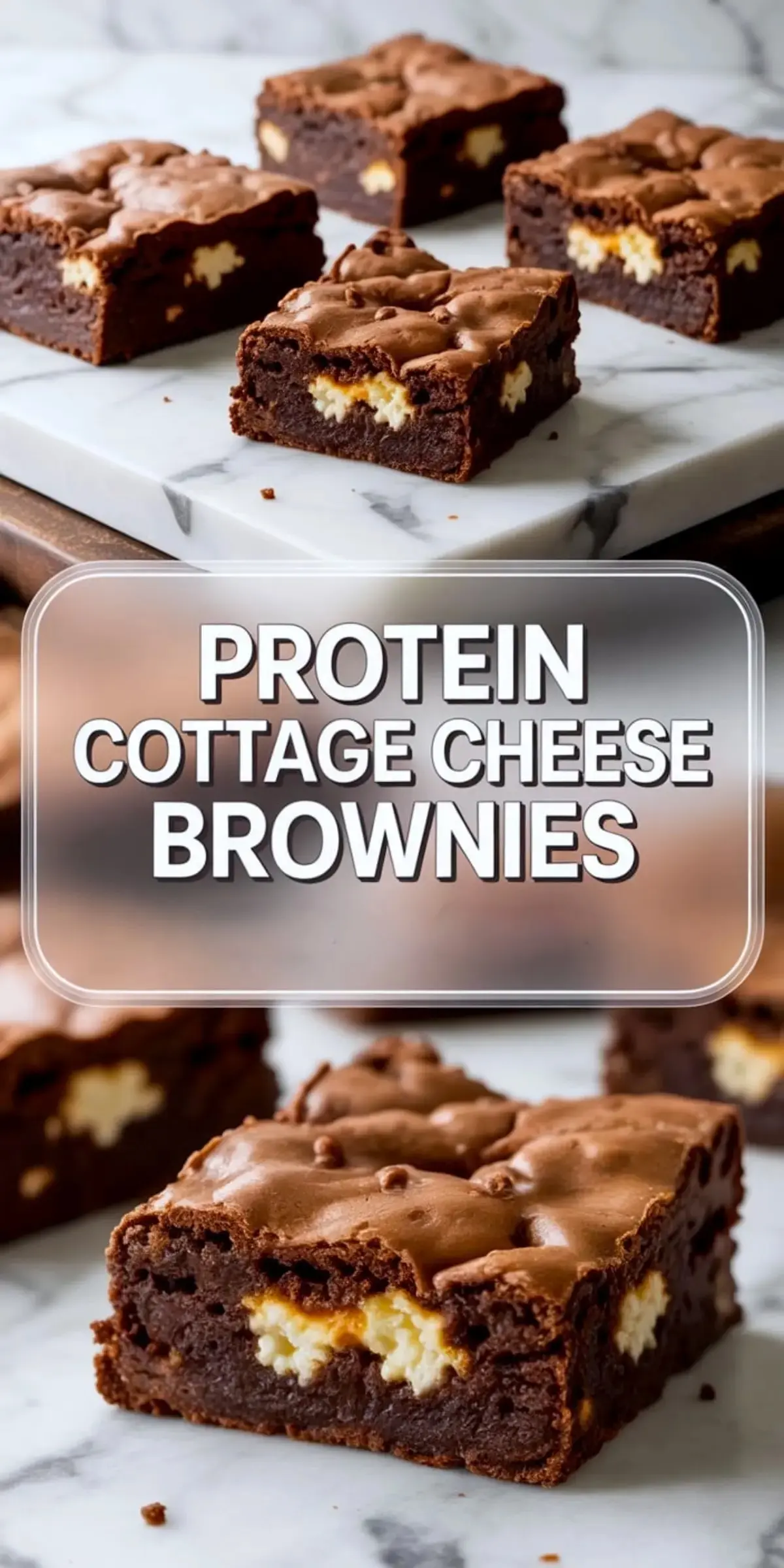 Chocolate cottage cheese brownies arranged on a marble slab, with a close-up of a single brownie showing a creamy filling, overlaid text reads “Protein Cottage Cheese Brownies”.
