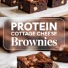 Protein cottage cheese brownies placed on a marble slab and a white plate, showing moist, rich chocolate texture with cottage cheese centers; text overlay reads “Protein Cottage Cheese Brownies”.