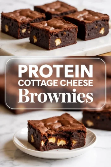 Protein cottage cheese brownies placed on a marble slab and a white plate, showing moist, rich chocolate texture with cottage cheese centers; text overlay reads “Protein Cottage Cheese Brownies”.
