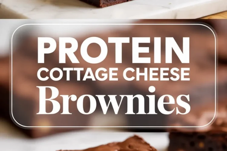 Protein cottage cheese brownies placed on a marble slab and a white plate, showing moist, rich chocolate texture with cottage cheese centers; text overlay reads “Protein Cottage Cheese Brownies”.