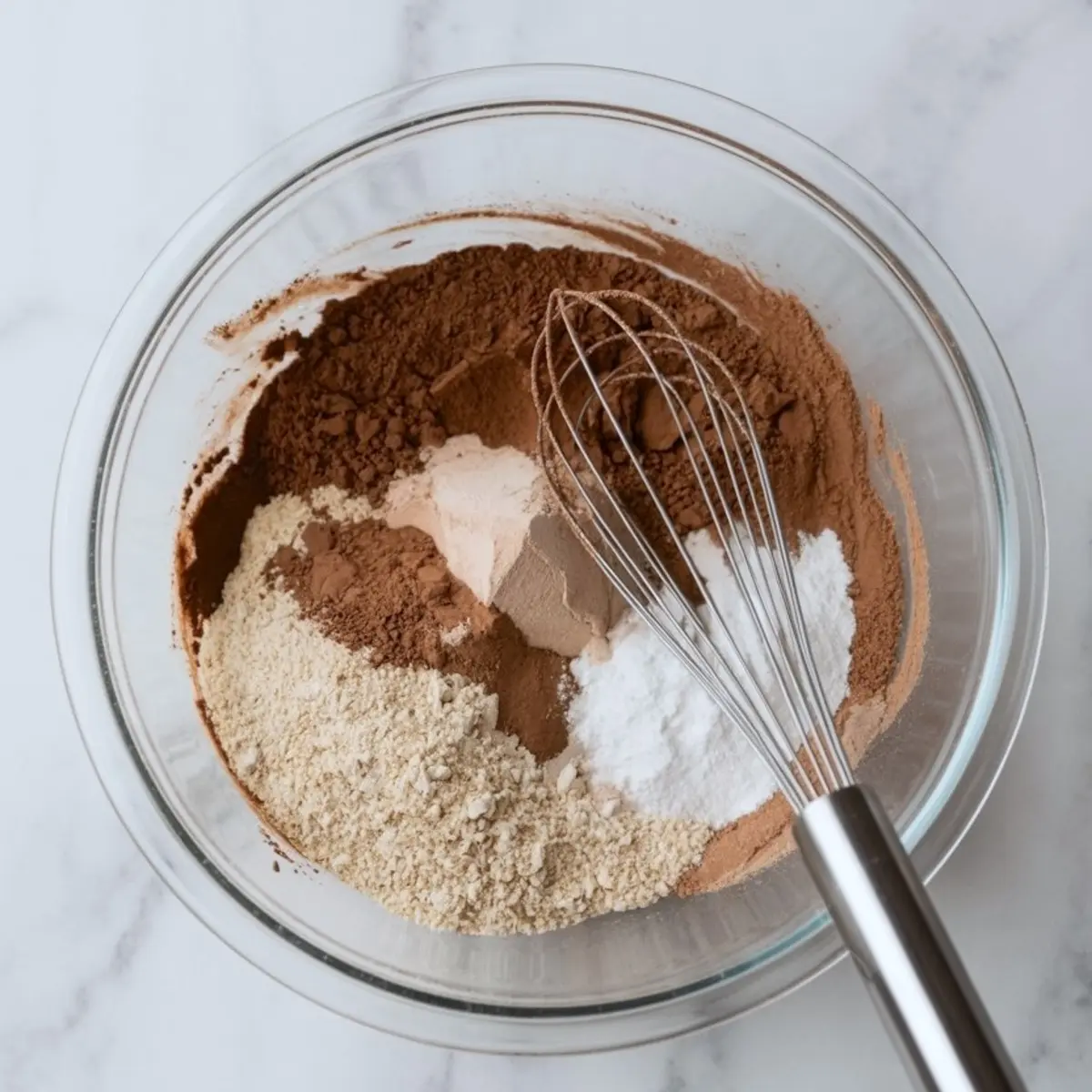 Clear glass mixing bowl filled with dry ingredients including cocoa powder, oat flour, baking powder, and protein powder, with a metal whisk resting inside on a marble countertop.
