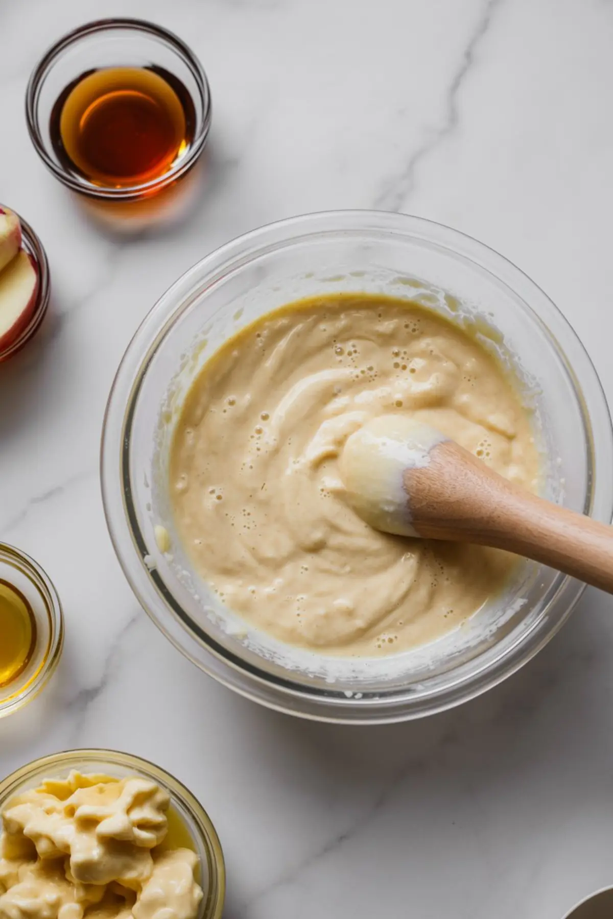 Glass bowl with thick, pale yellow batter being stirred with a wooden spoon, surrounded by small bowls of applesauce, maple syrup, oil, and mayonnaise on a marble surface.
