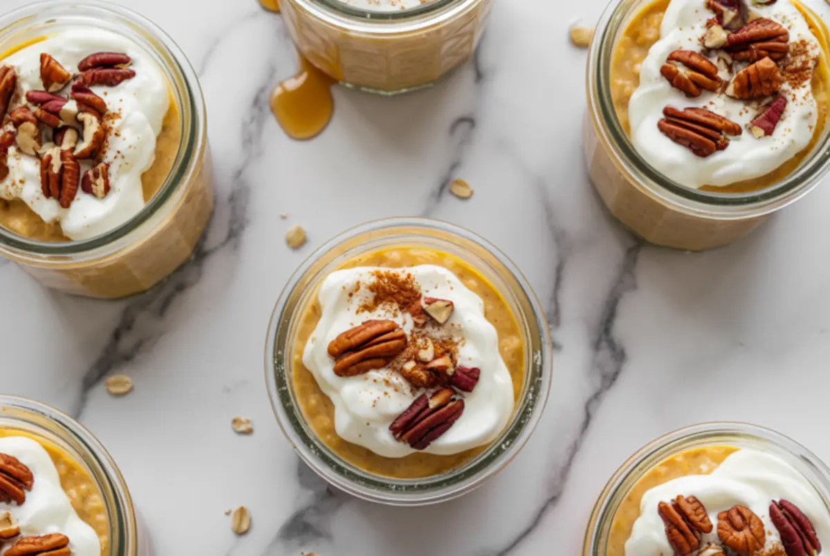 Small glass jars hold pumpkin overnight oats topped with whipped cream, pecans, cinnamon, and scattered oats on marble.
