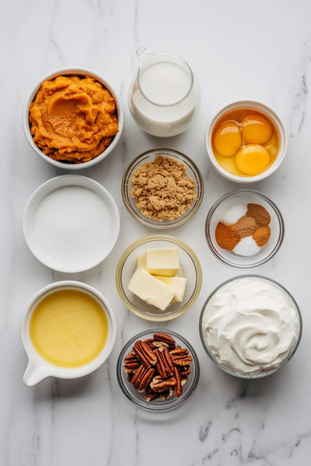 Flat lay of pumpkin pie dump cake ingredients on a marble surface, including canned pumpkin puree, whole milk, eggs, granulated sugar, brown sugar, unsalted butter, evaporated milk, pecans, whipped topping, and a spice mix of cinnamon, nutmeg, and salt.
