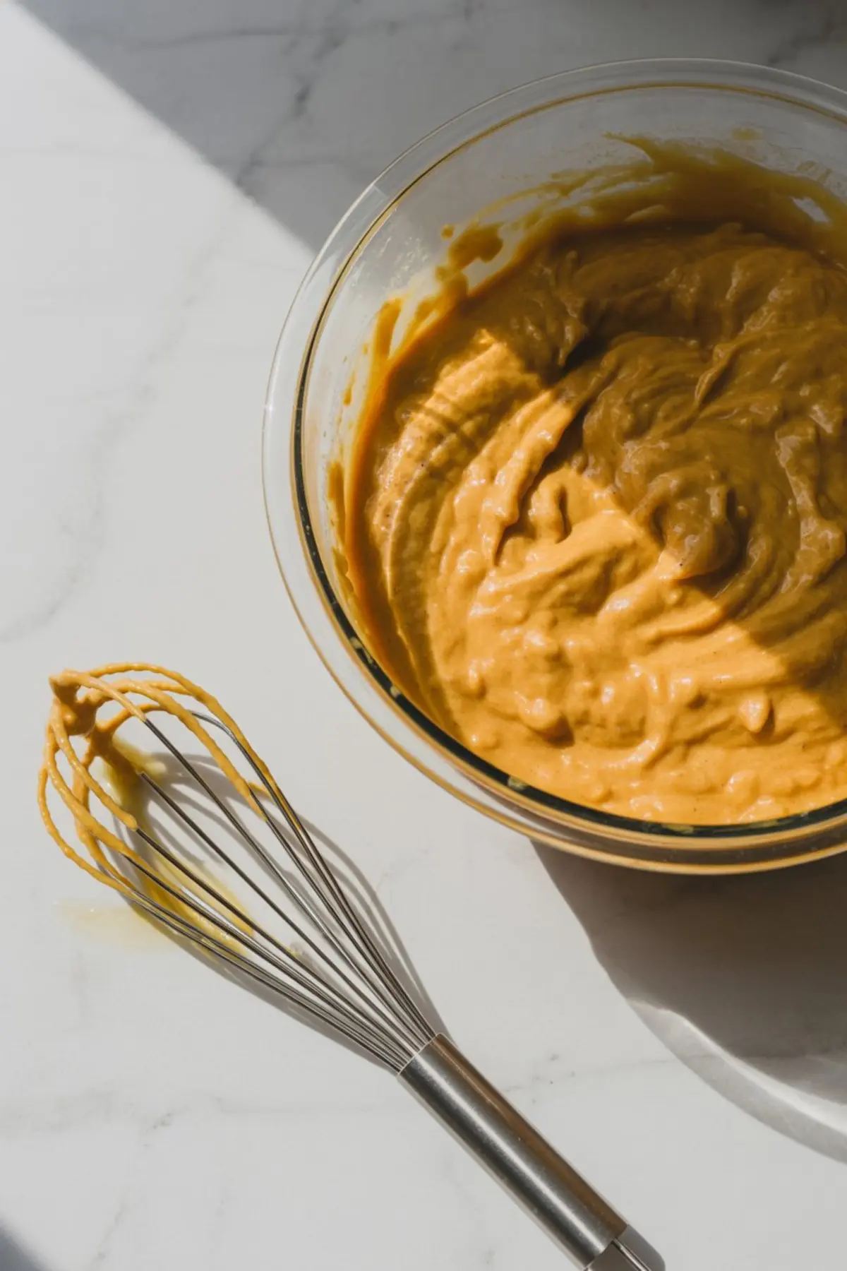 Glass mixing bowl filled with smooth, thick pumpkin batter, set on a marble counter with a metal whisk coated in batter lying beside it, bathed in warm daylight shadows.
