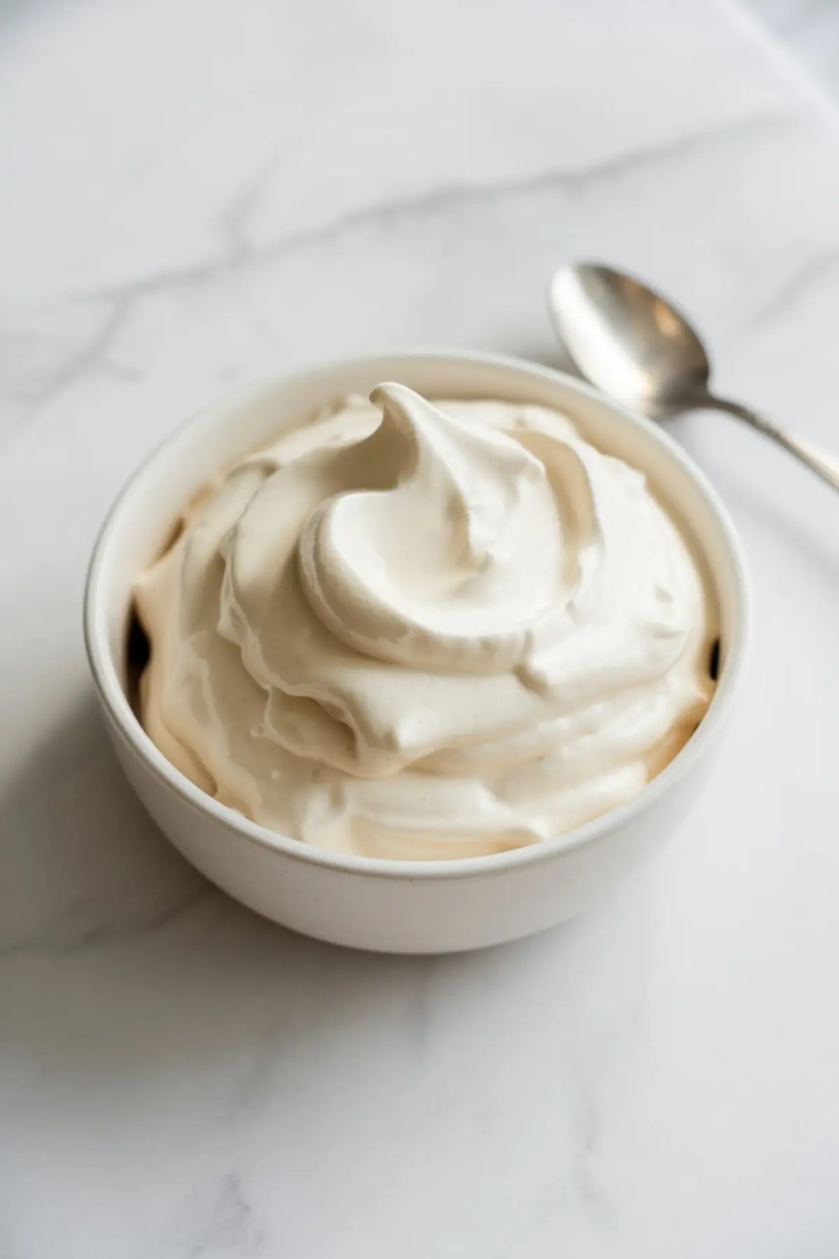 Close-up of a white bowl filled with airy whipped topping, swirled into soft peaks, placed on a marble background with a silver spoon resting nearby.
