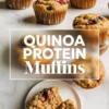 Collage of quinoa protein muffins displayed on marble, with whole muffins in the background and a halved muffin on a plate revealing a soft interior with berries and oats, overlaid with the bold text “Quinoa Protein Muffins.”