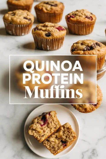 Collage of quinoa protein muffins displayed on marble, with whole muffins in the background and a halved muffin on a plate revealing a soft interior with berries and oats, overlaid with the bold text “Quinoa Protein Muffins.”